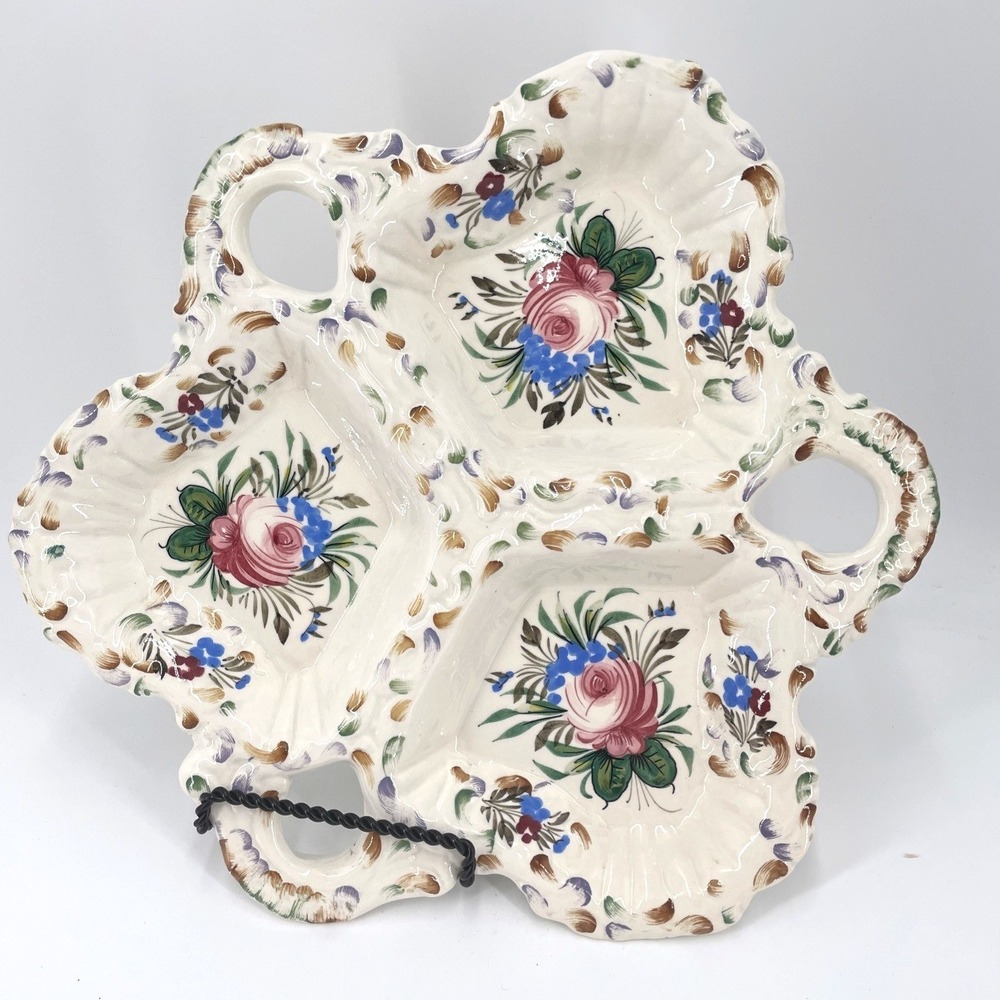 Vintage Italian Majolica Ceramic Divided Serving Dish Floral Hand Painted 11.5in